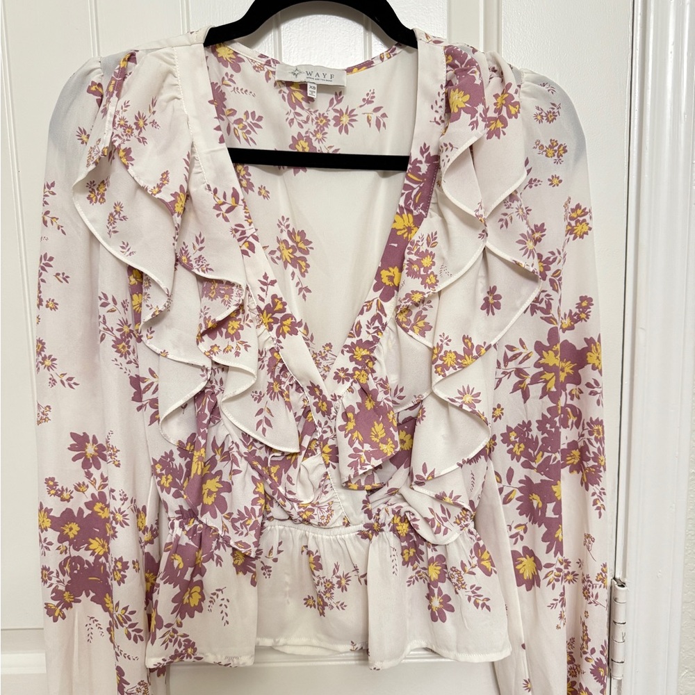 WAYF Floral Ruffle Blouse - Cream and Purple